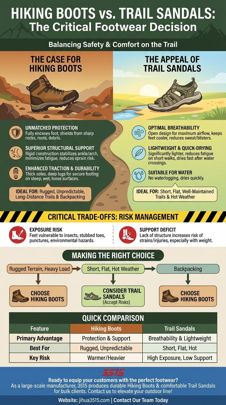 ハイキングブーツとトレイルサンダルをハイキングで比較するとどうなりますか？安全と快適さのために適切な履物を選びましょう ビジュアルガイド