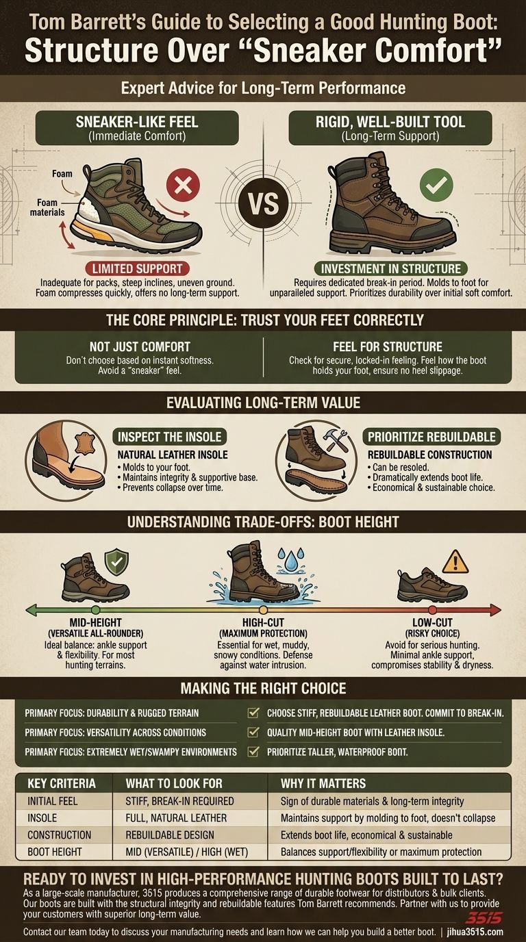 Que conselho Tom Barrett dá para selecionar uma boa bota de caça? Priorize a Estrutura para Desempenho a Longo Prazo Guia Visual