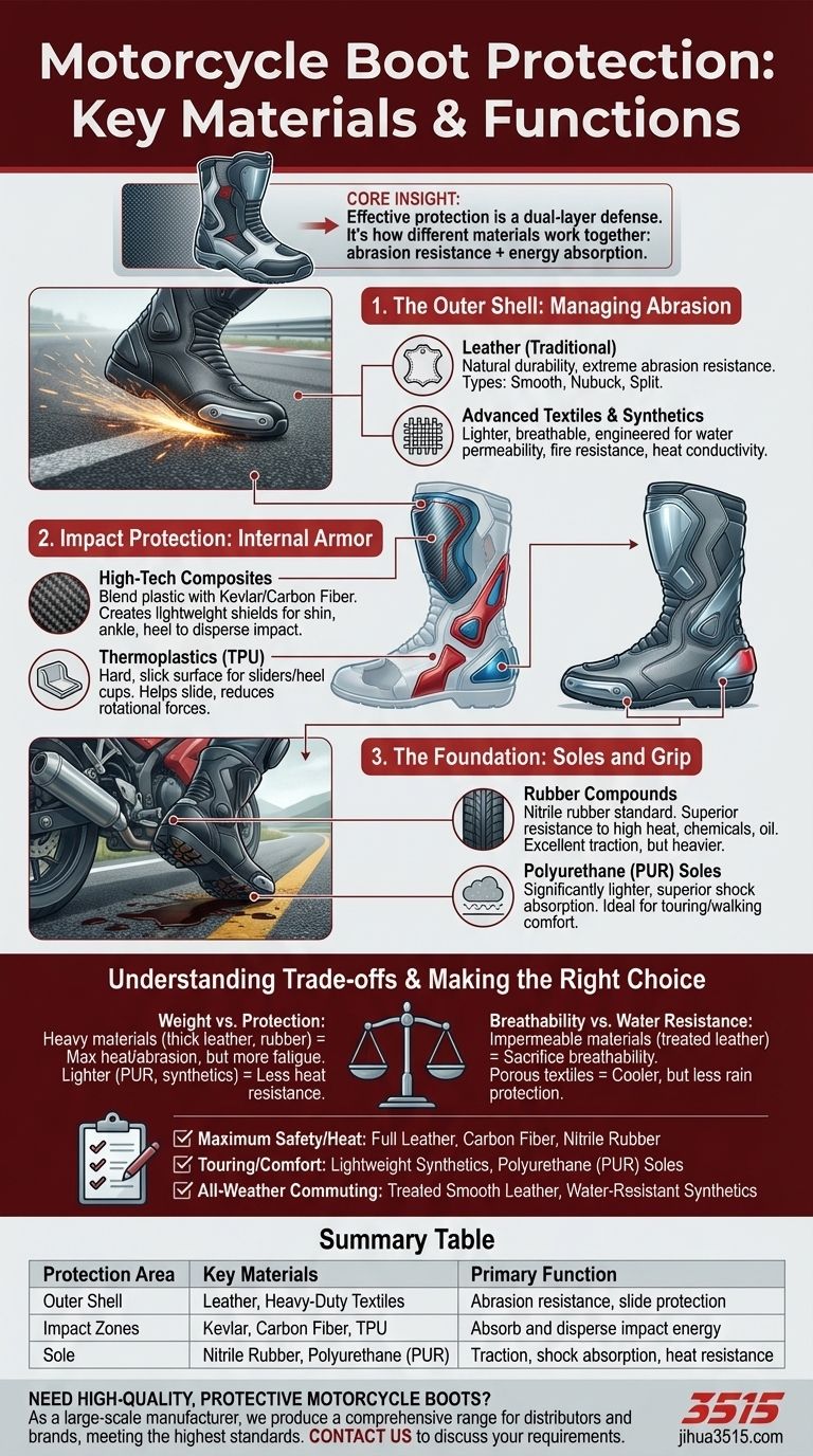 보호용 오토바이 부츠에 일반적으로 사용되는 소재는 무엇인가요? 가죽, 케블라 및 기타 소재 가이드 시각적 가이드