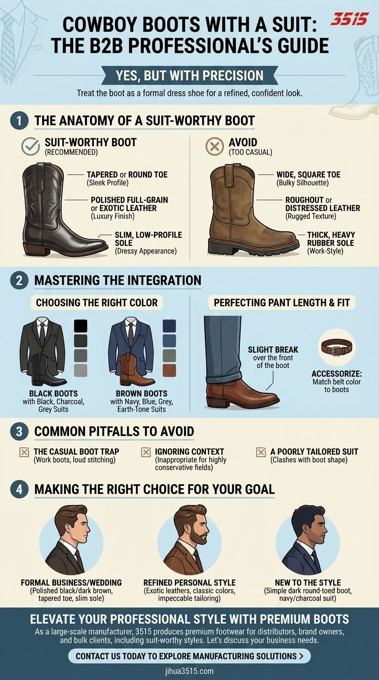 카우보이 부츠를 정장과 함께 신을 수 있을까요? 자신감 있고 스타일리시한 매치를 위한 가이드 시각적 가이드
