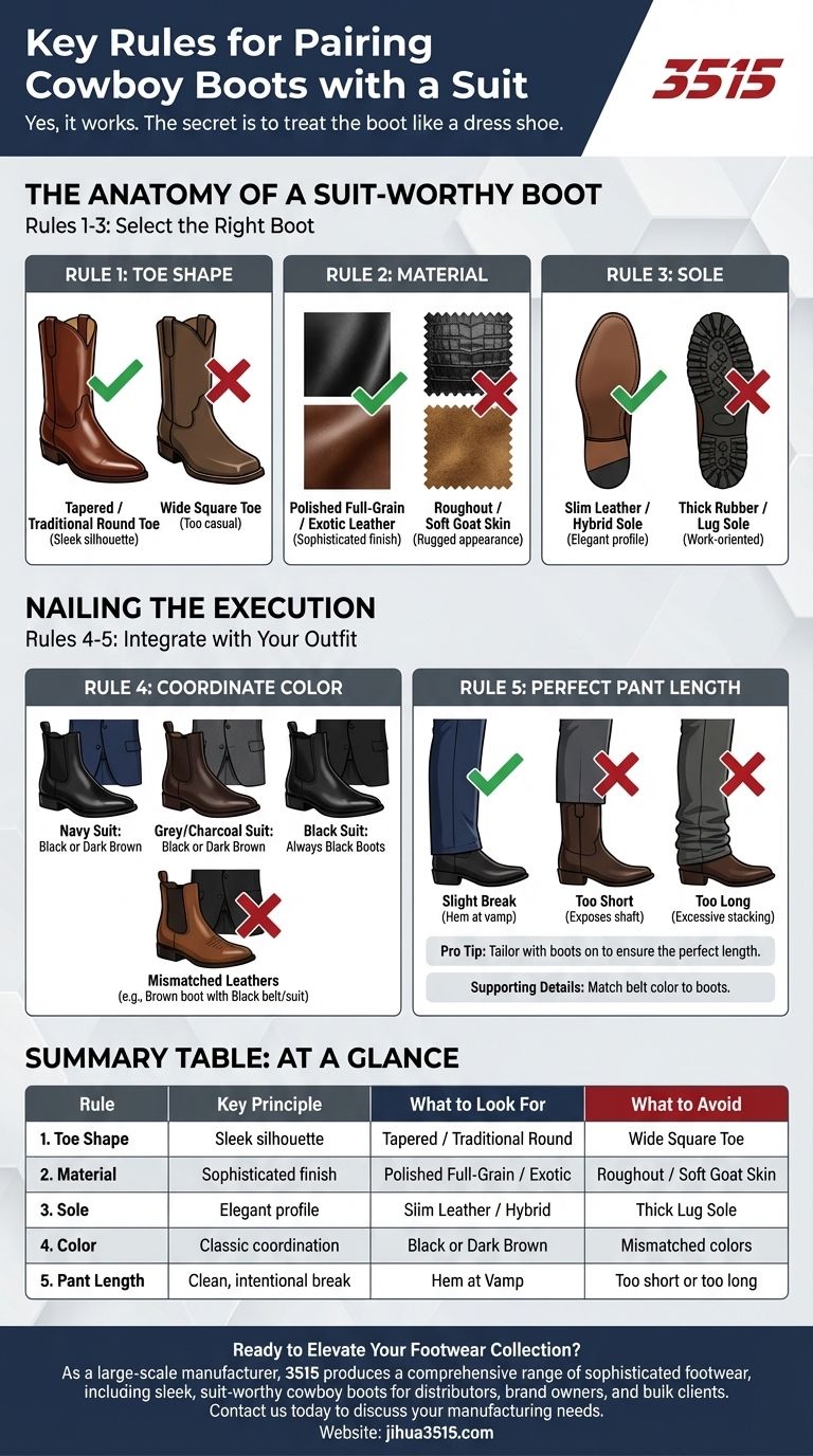 Was sind die wichtigsten Regeln für die Kombination von Cowboystiefeln mit einem Anzug? Meistern Sie die Kunst des selbstbewussten Stils Visuelle Anleitung