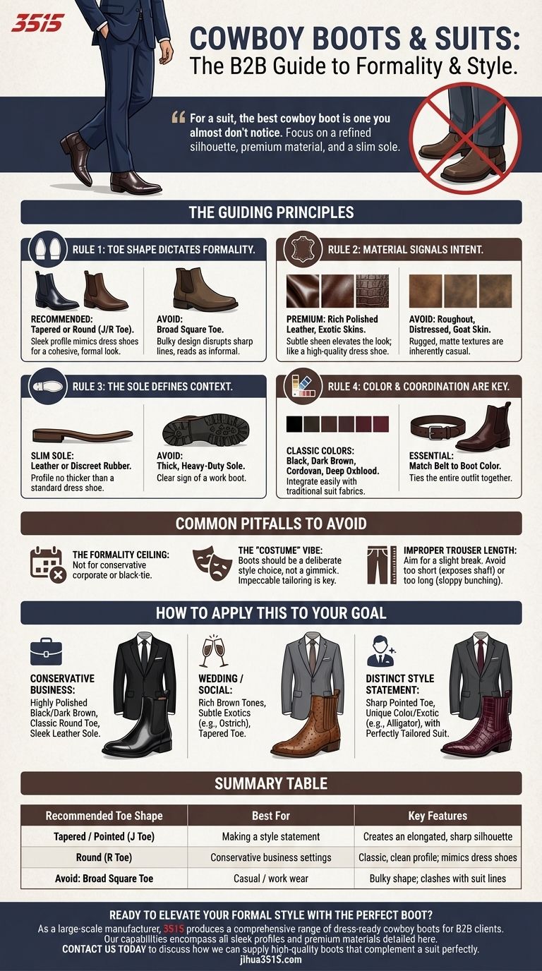 ¿Qué forma de punta se recomienda para las botas de cowboy al usar un traje? Elige una punta estilizada para un look pulido. Guía Visual
