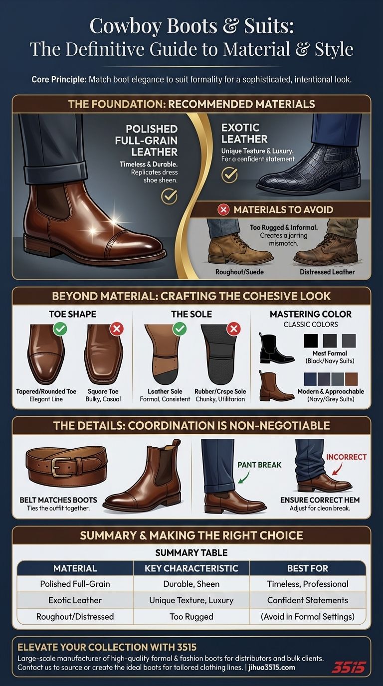 Quels matériaux sont recommandés pour les bottes de cowboy lorsqu'elles sont associées à un costume ? Choisissez du cuir poli ou des peaux exotiques. Guide Visuel