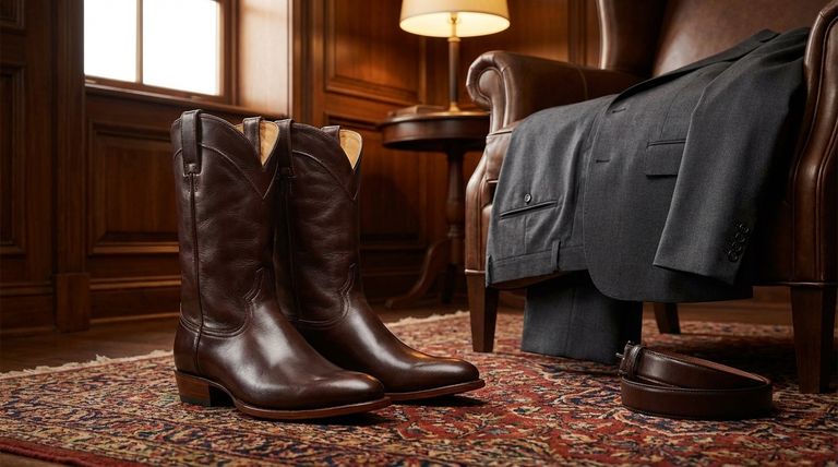 Quels matériaux sont recommandés pour les bottes de cowboy lorsqu'elles sont associées à un costume ? Choisissez du cuir poli ou des peaux exotiques.