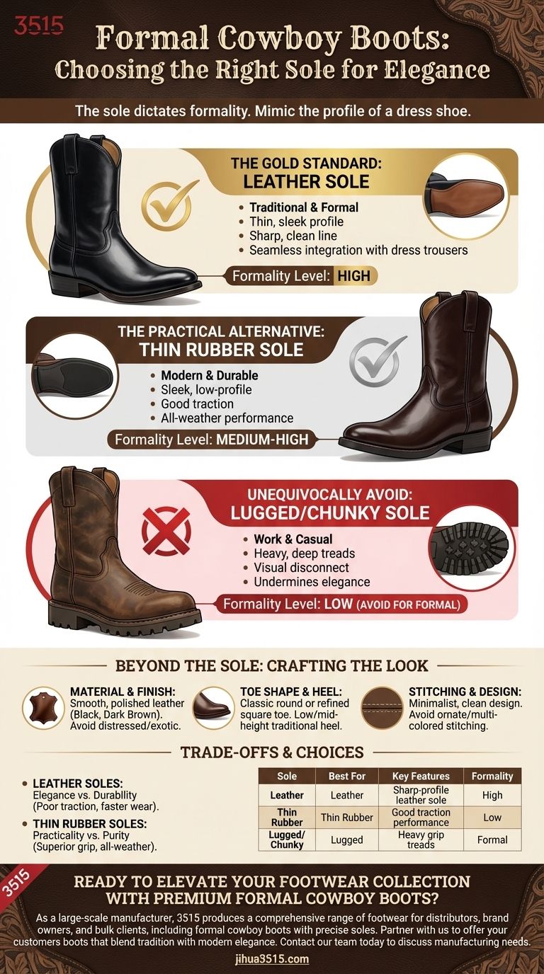 What type of sole should cowboy boots have when worn with formalwear? Choose the Right Sole for a Polished Look Visual Guide