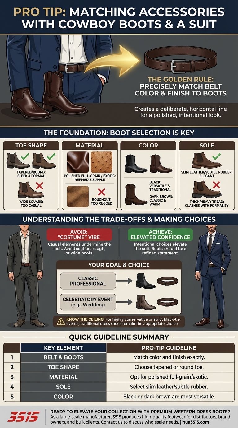 Quel est le meilleur conseil pour assortir les accessoires lorsque l'on porte des bottes de cowboy avec un costume ? Maîtriser la règle de l'accord botte-ceinture Guide Visuel
