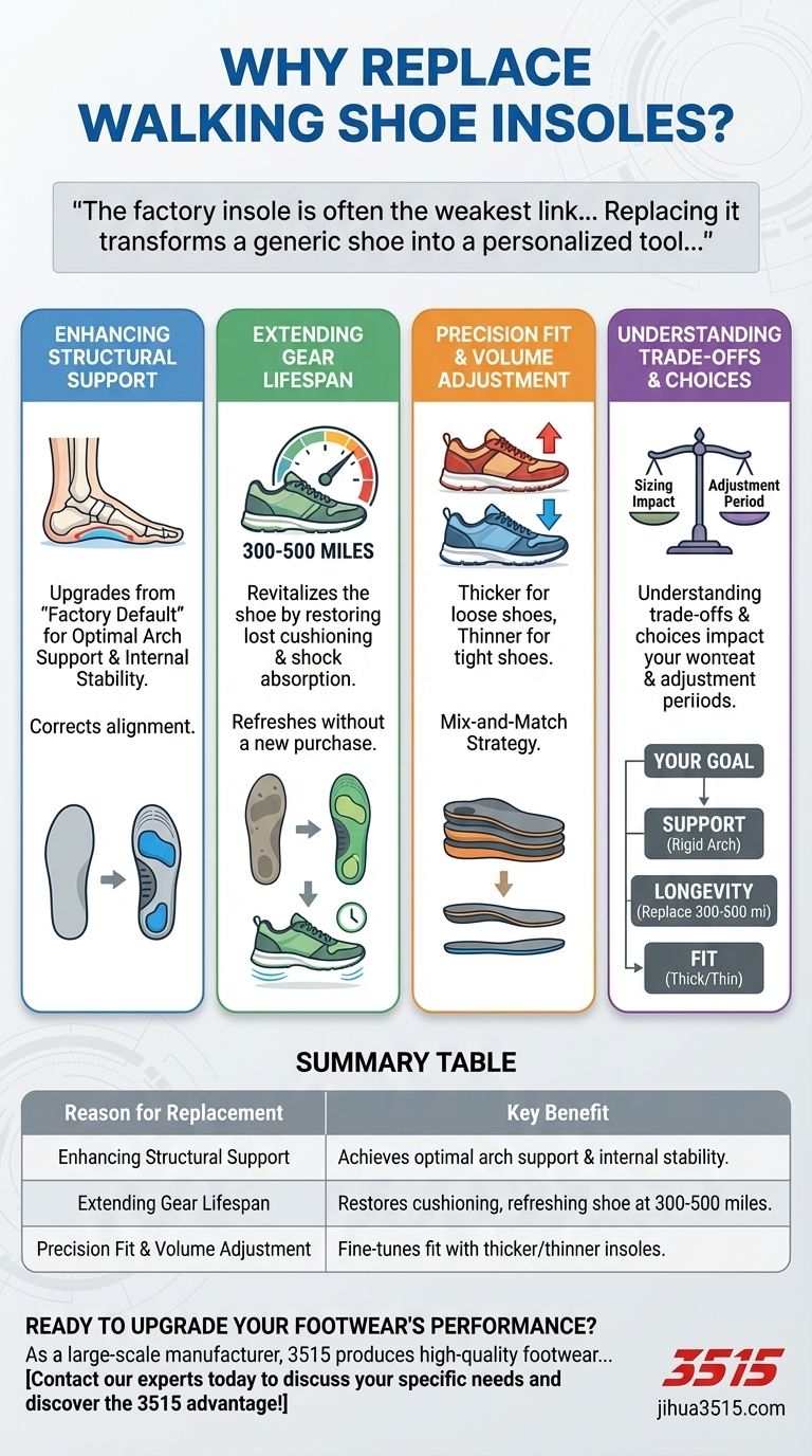 Why might someone consider replacing the insoles in their walking shoes? Boost Comfort & Extend Shoe Life Visual Guide