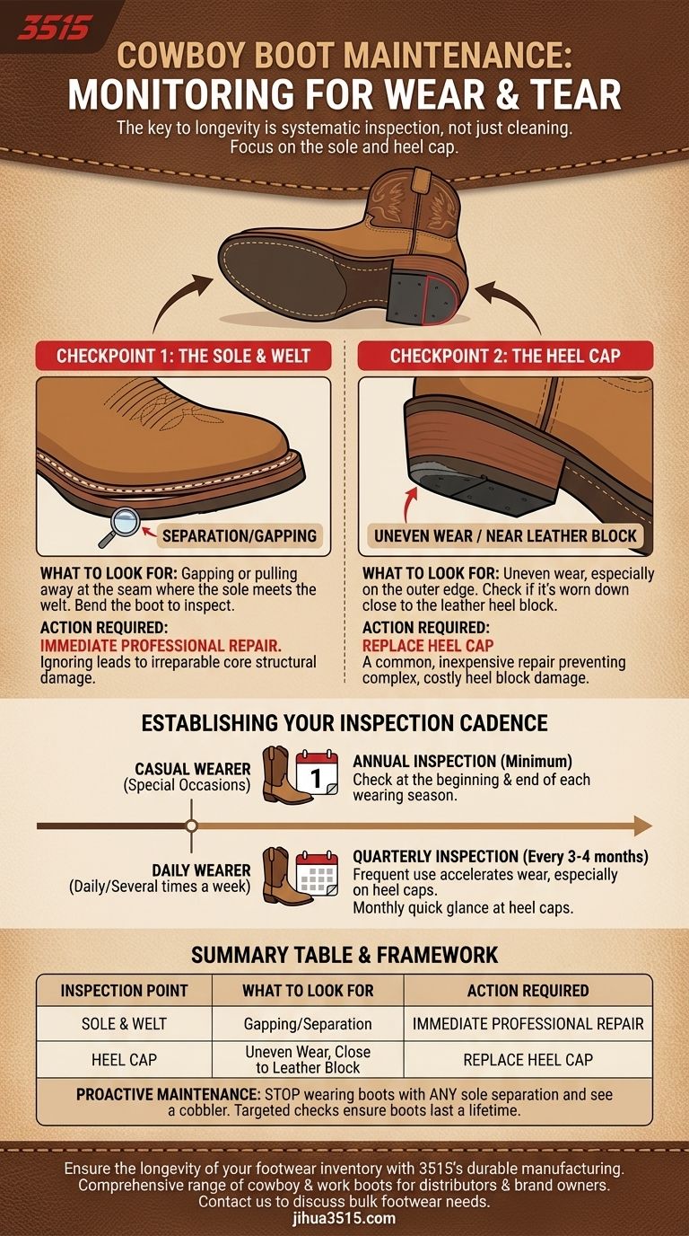 为了防止牛仔靴磨损，应该监测哪些方面？主动检查指南 图解指南