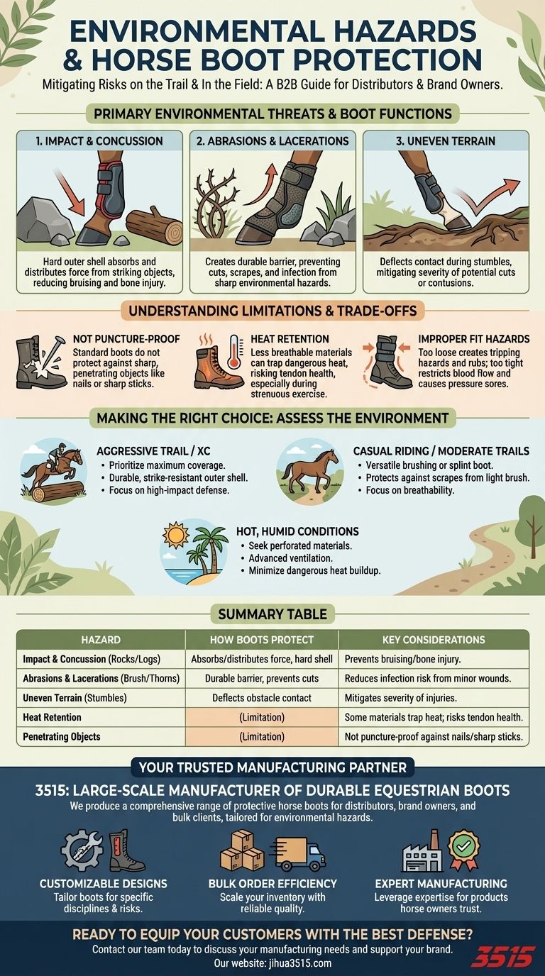 What environmental hazards can horse boots protect against? Shielding Your Horse's Legs from Trail Dangers Visual Guide