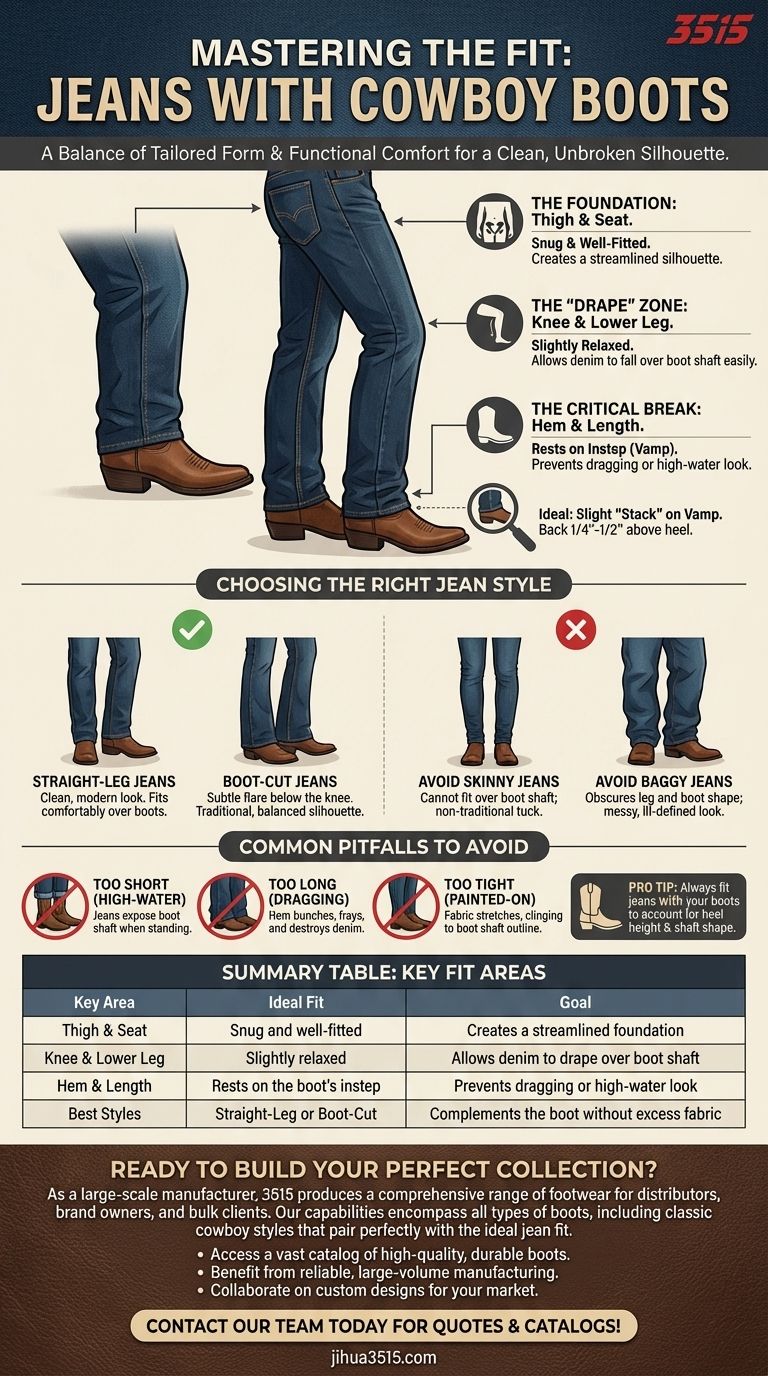 카우보이 부츠를 신을 때 청바지는 어떤 핏이 좋을까요? 완벽하고 매끄러운 실루엣을 연출하세요. 시각적 가이드