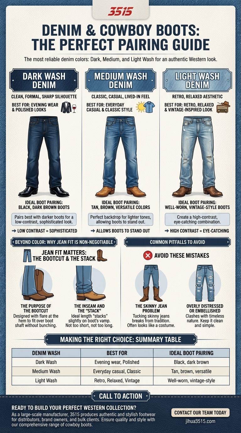 카우보이 부츠에 가장 잘 어울리는 데님 색상은 무엇일까요? 모든 경우에 완벽한 워싱을 마스터하세요. 시각적 가이드