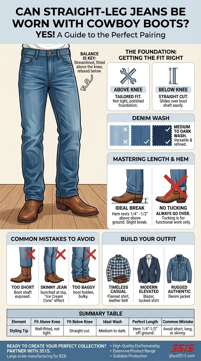 هل يمكن ارتداء الجينز المستقيم مع أحذية رعاة البقر؟ نعم، إليك كيفية تنسيقهما بشكل مثالي دليل مرئي