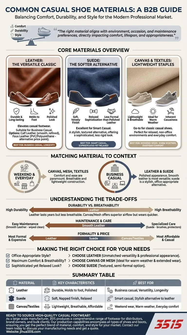 Quels matériaux sont couramment utilisés dans les chaussures décontractées ? Un guide sur le cuir, le daim et la toile Guide Visuel