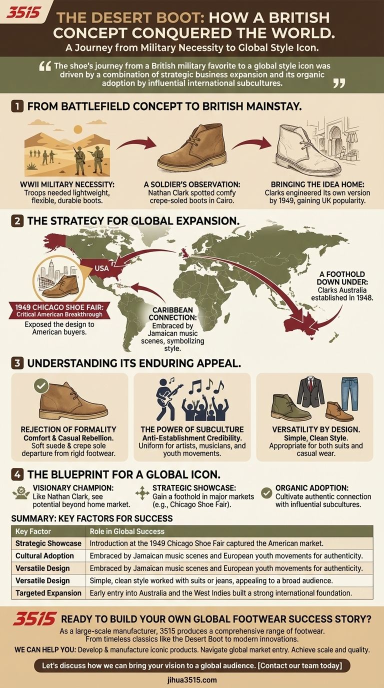 Comment la Desert Boot a-t-elle gagné en popularité en dehors du Royaume-Uni ? Une stratégie pour le succès mondial de la chaussure. Guide Visuel