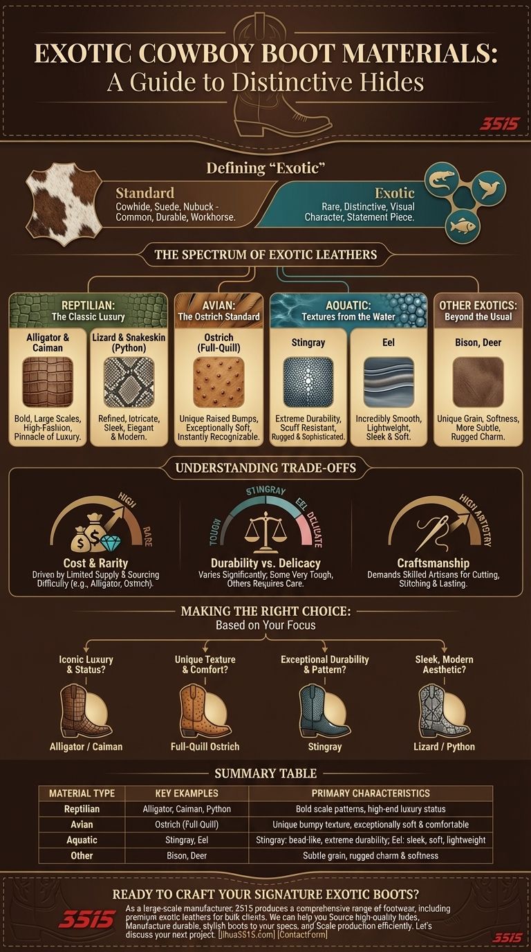 エキゾチックカウボーイブーツにはどのような素材が使われていますか？ラグジュアリーレザーとそのユニークな魅力についてのガイド ビジュアルガイド