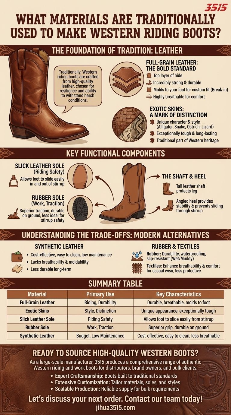 ¿Qué materiales se utilizan tradicionalmente para hacer las botas de montar occidentales? La guía definitiva de cuero y rendimiento Guía Visual