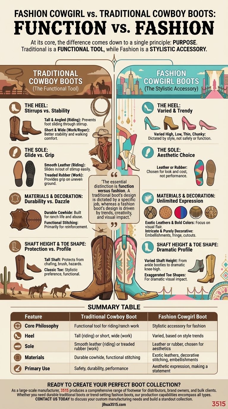 Como as botas de cowgirl da moda diferem das botas de cowboy tradicionais? Estilo vs. Função Explicados Guia Visual
