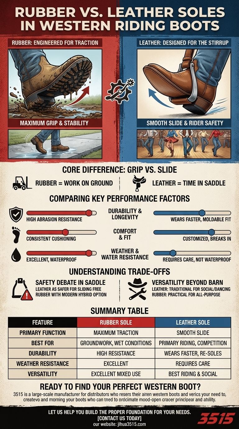 Quelles sont les différences entre les semelles en caoutchouc et en cuir pour les bottes de style western ? Traction vs. Sécurité en selle expliquée Guide Visuel