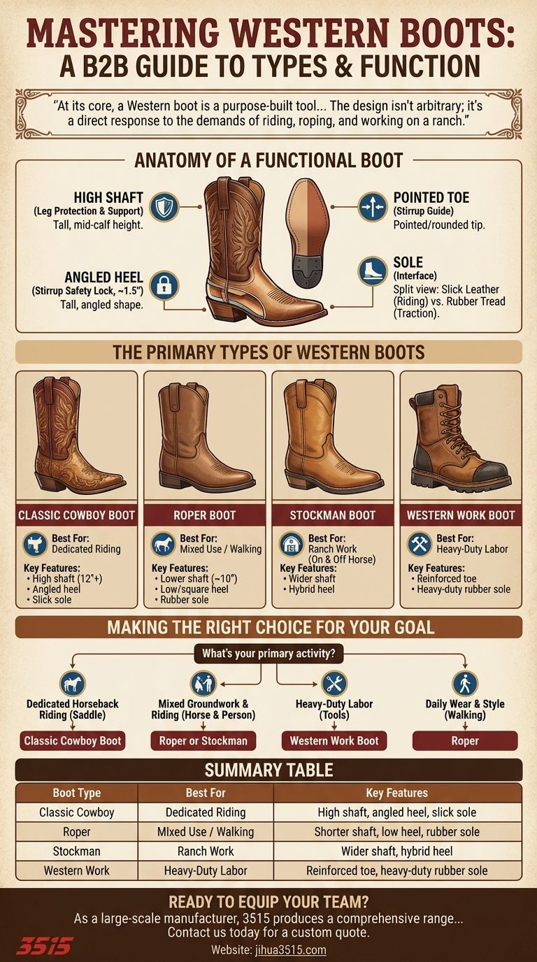 What are the main types of Western riding boots? Choose the Right Boot for Riding, Roping, or Work Visual Guide