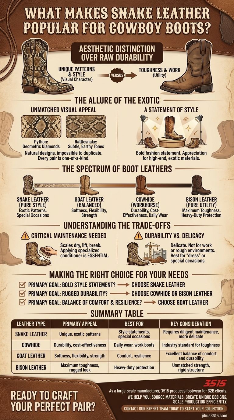 ما الذي يجعل جلد الثعبان شائعًا في أحذية رعاة البقر؟ أناقة لا مثيل لها & أنماط فريدة دليل مرئي