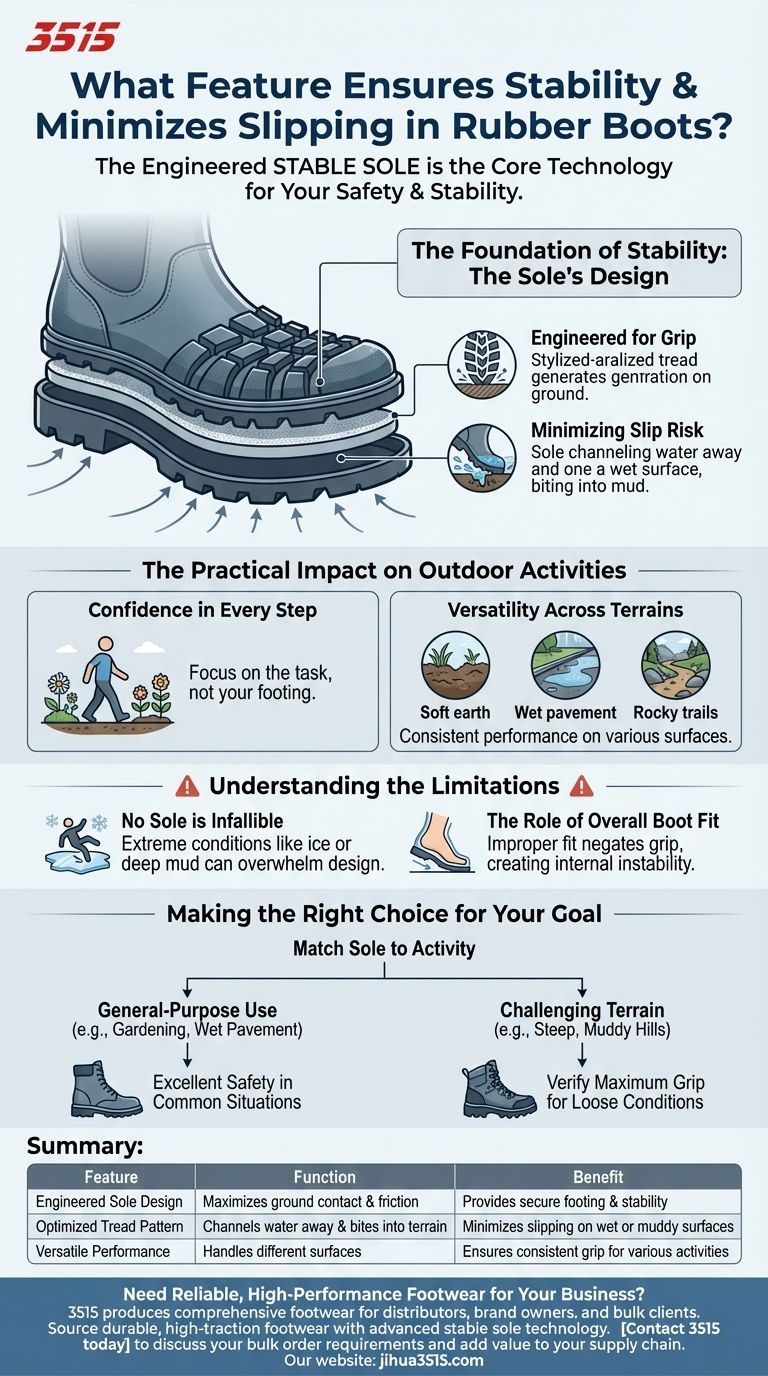 ما هي الميزة التي تضمن الثبات وتقلل من الانزلاق في أحذية المطر المطاطية؟ الدور الحاسم للنتوء المستقر دليل مرئي