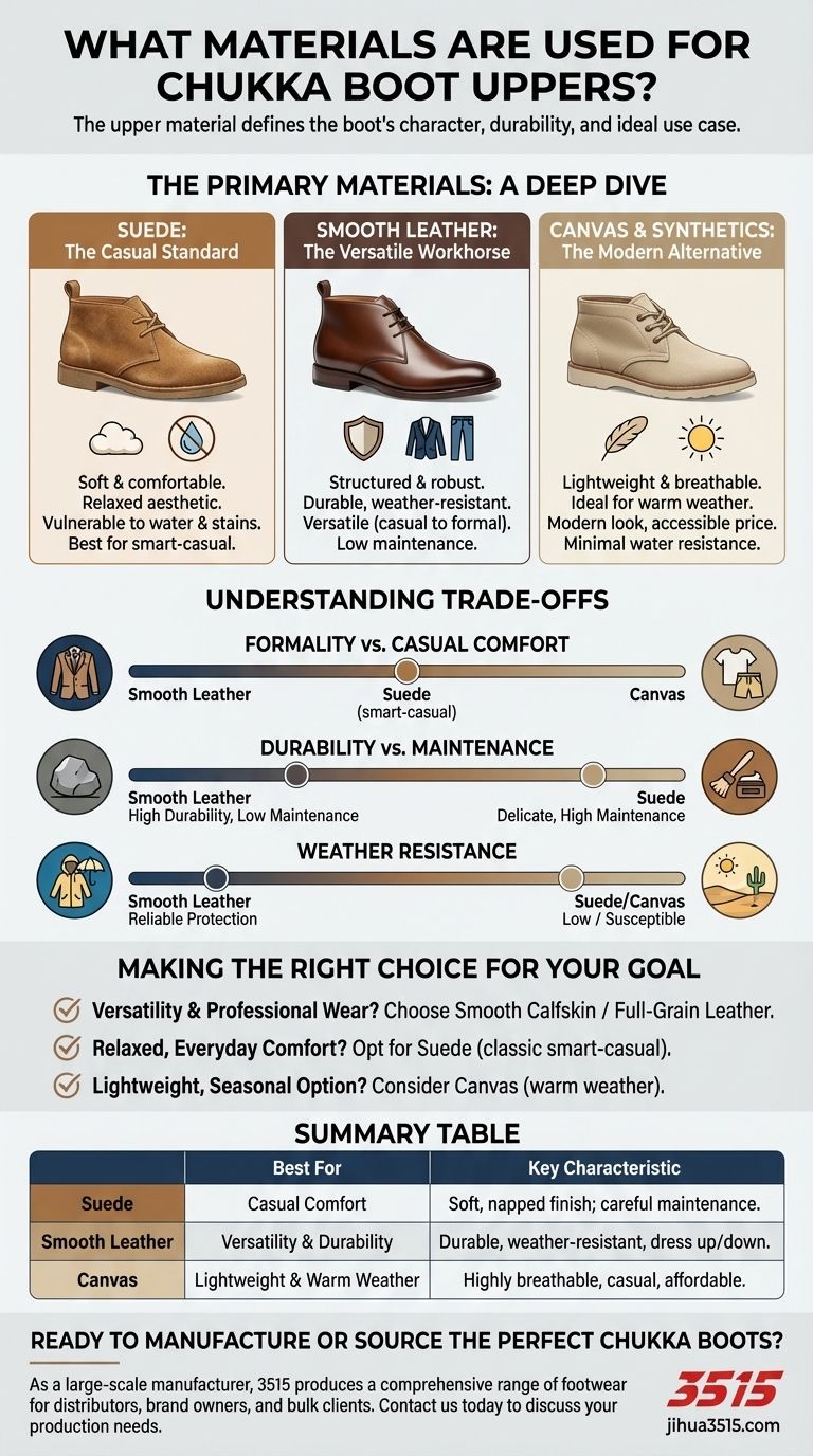 ¿Qué materiales se utilizan comúnmente para la parte superior de las botas chukka? Ante, Cuero y Lona Explicados Guía Visual