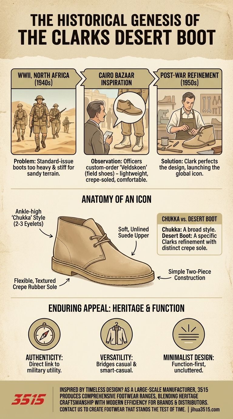 ما هي الخلفية التاريخية لأحذية الصحراء من كلاركس؟ ولدت من ضرورة الحرب العالمية الثانية، وتُلبس لأناقة خالدة دليل مرئي