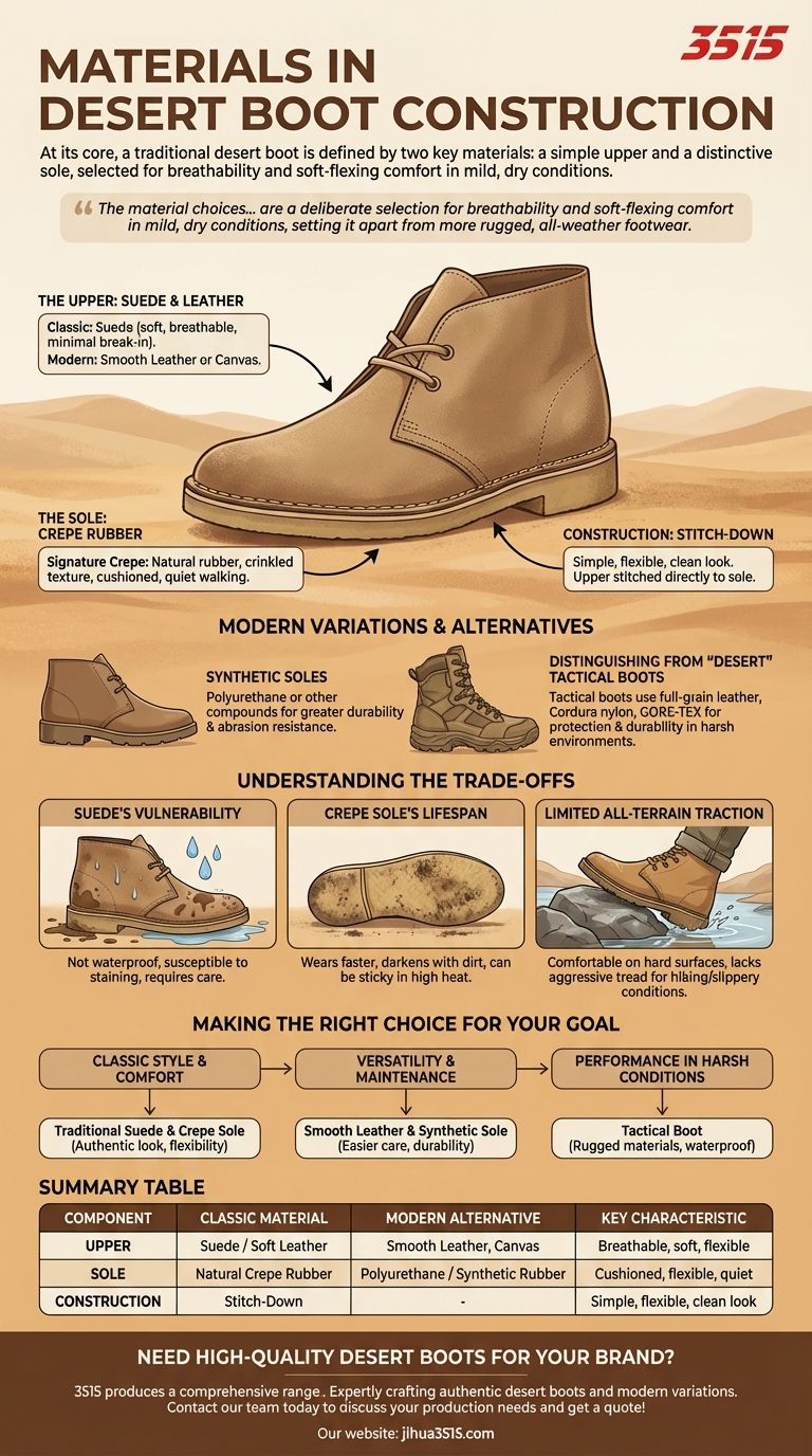 사막 부츠 제작에 일반적으로 사용되는 소재는 무엇인가요? 스웨이드, 크레이프 및 기타 소재 가이드 시각적 가이드