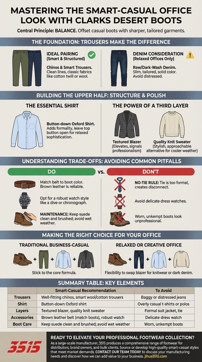كيف يمكن تنسيق أحذية كلاركس الصحراوية لإطلالة مكتبية أنيقة وغير رسمية؟ أتقن المظهر المصقول والمهني دليل مرئي
