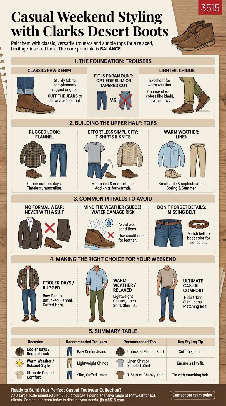 ما هي بعض النصائح لتنسيق أحذية Clarks Desert Boots مع ملابس نهاية الأسبوع الكاجوال؟ أتقن إطلالة نهاية الأسبوع المريحة دليل مرئي