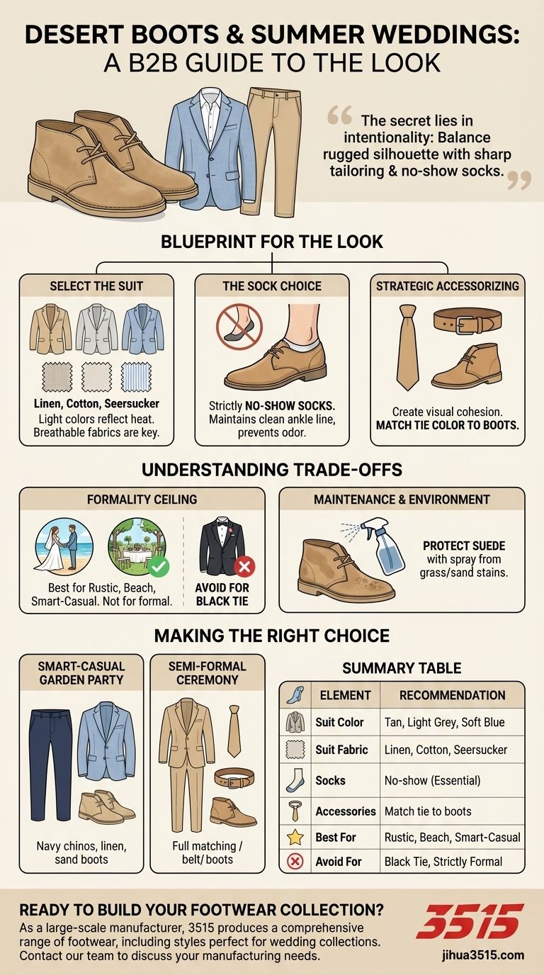 Clarks沙漠靴如何融入夏季婚礼着装？打造时尚舒适的造型 图解指南
