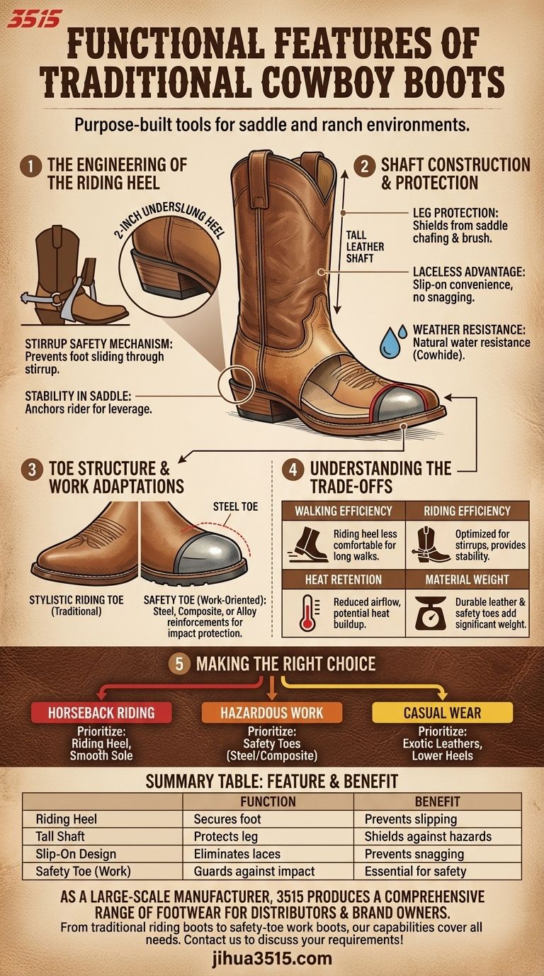 ما هي الميزات الوظيفية لأحذية رعاة البقر التقليدية؟ اكتشف الهيكل المصمم للسرج دليل مرئي
