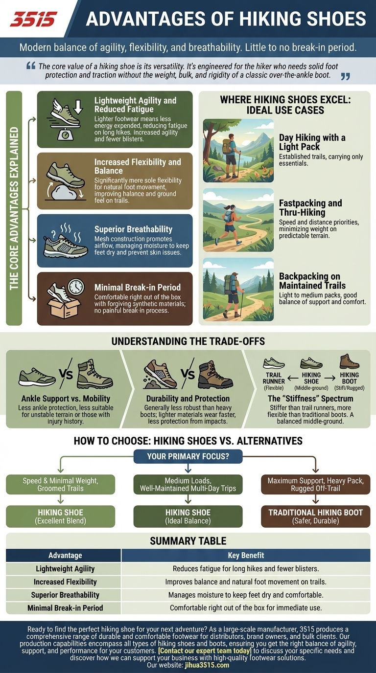 하이킹화의 장점은 무엇인가요? 가볍고 유연하며 통기성이 좋아 트레일에 적합합니다. 시각적 가이드