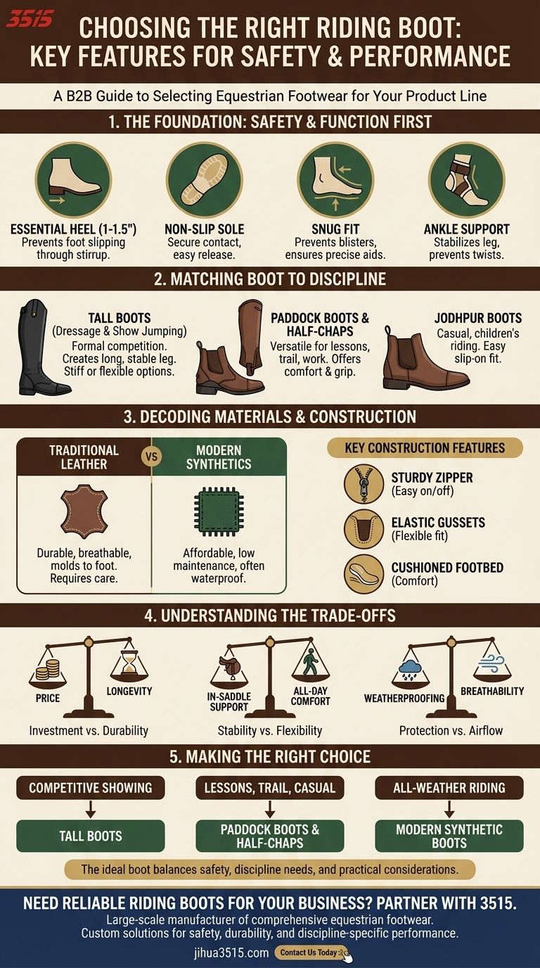 ¿Qué características clave se deben considerar al seleccionar botas de montar? Garantice la seguridad, el ajuste y el rendimiento específico de la disciplina. Guía Visual
