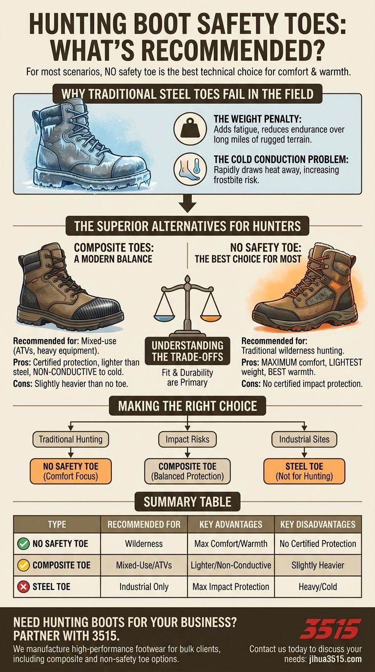 사냥용 부츠에 권장되는 안전 토우 유형은 무엇인가요? 사냥에 맞는 토우를 선택하세요. 시각적 가이드