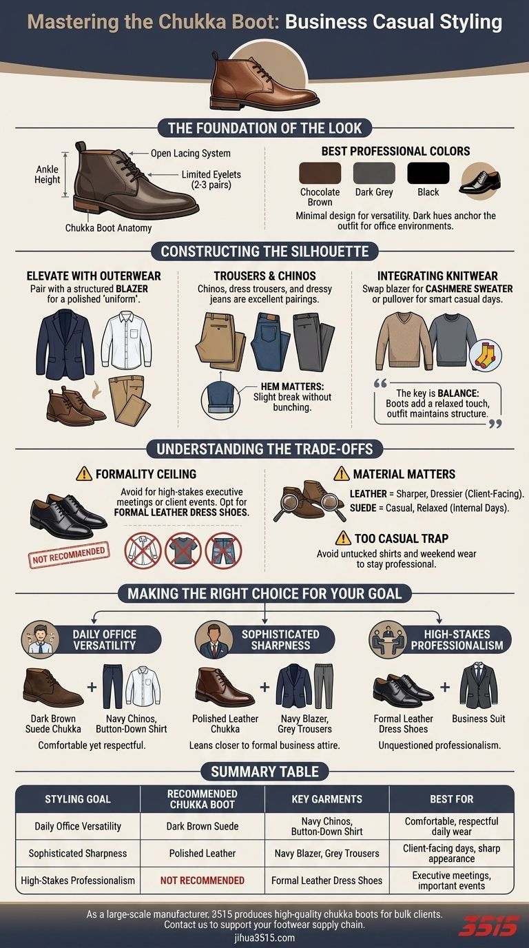 Como as botas chukka podem ser combinadas para ocasiões de negócios casuais? Domine o Visual Versátil Guia Visual