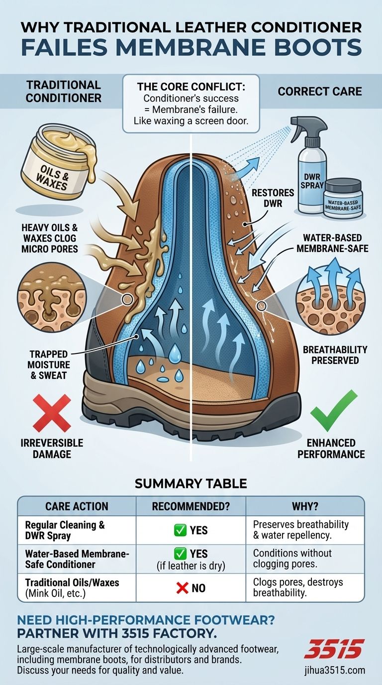 Perché il balsamo per pelle non è raccomandato per un uso frequente su stivali con materiali costruiti con membrana? Guida Visiva