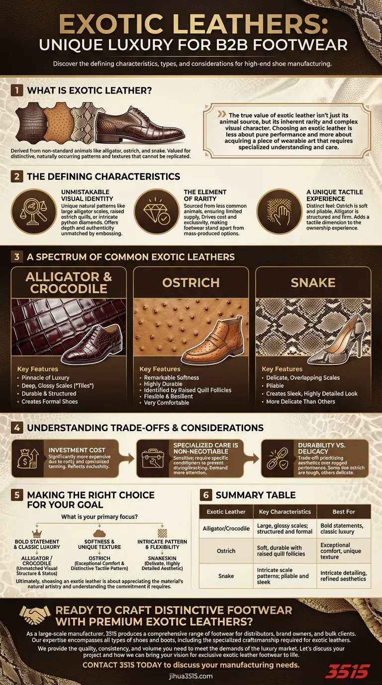エキゾチックレザーとは何ですか？また、靴においてそれらをユニークにしているのは何ですか？比類なき贅沢さと希少性を発見しましょう。 ビジュアルガイド