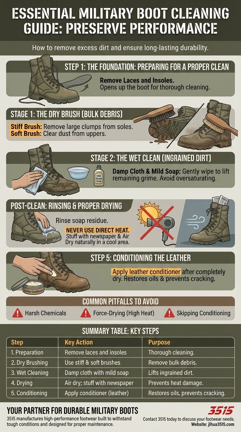كيف يجب إزالة الأوساخ الزائدة من الأحذية العسكرية؟ دليل خطوة بخطوة للعناية الصحيحة دليل مرئي
