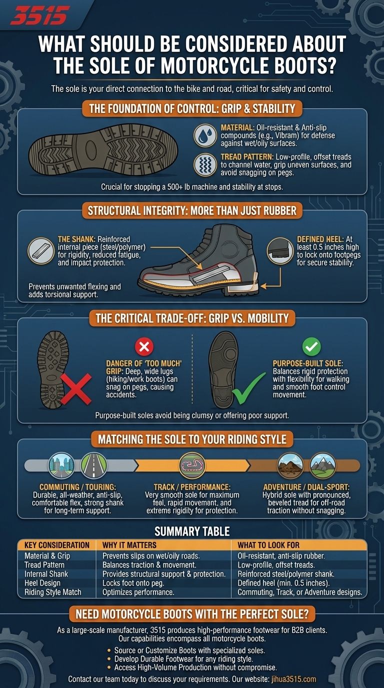 オートバイ用ブーツのソールについて考慮すべき点は何ですか？グリップ力、コントロール性、安全性を最大限に高める ビジュアルガイド