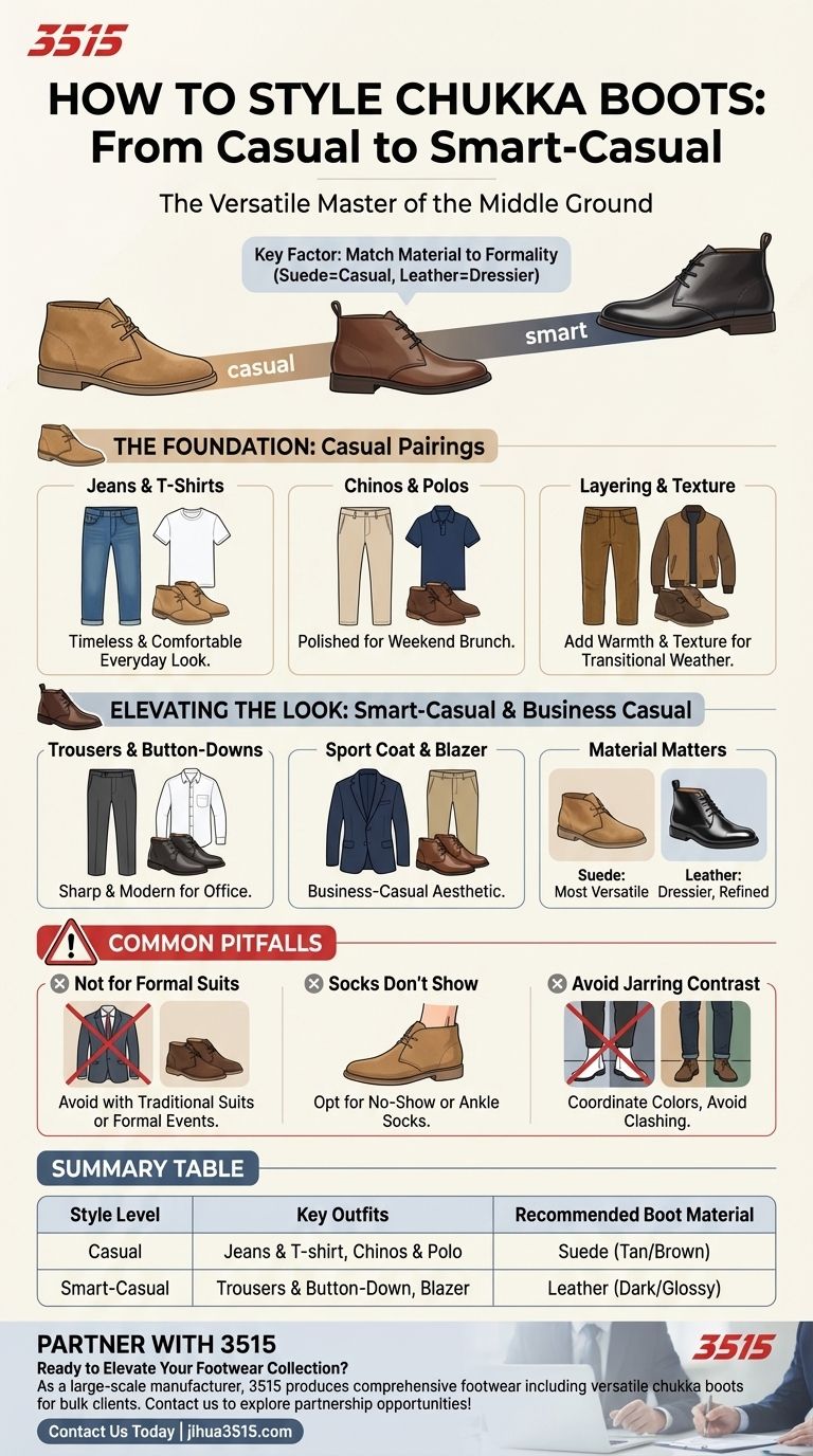 Chukka 靴可以搭配哪些类型的服装？从休闲牛仔裤到商务休闲西装外套 图解指南