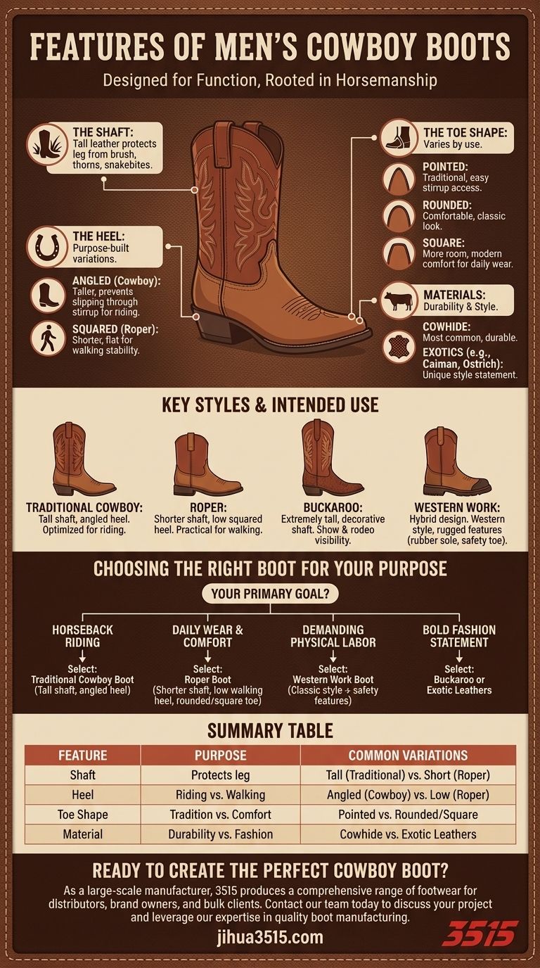Quelles sont les caractéristiques des bottes de cowboy pour hommes ? Un guide sur les tiges, les talons et les bouts. Guide Visuel