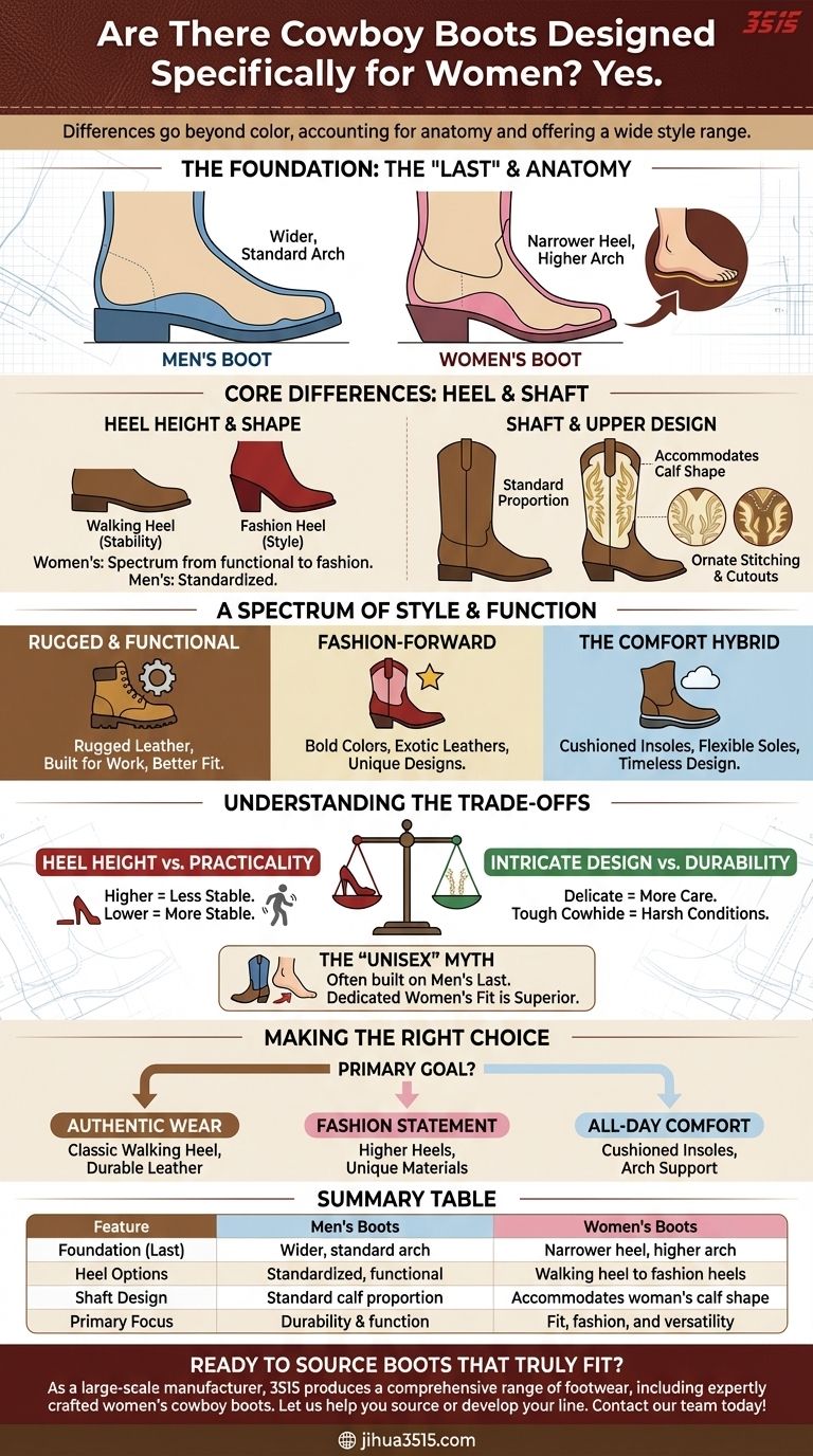 여성용 카우보이 부츠가 따로 디자인되나요? 발과 스타일에 완벽하게 맞는 부츠를 찾아보세요. 시각적 가이드