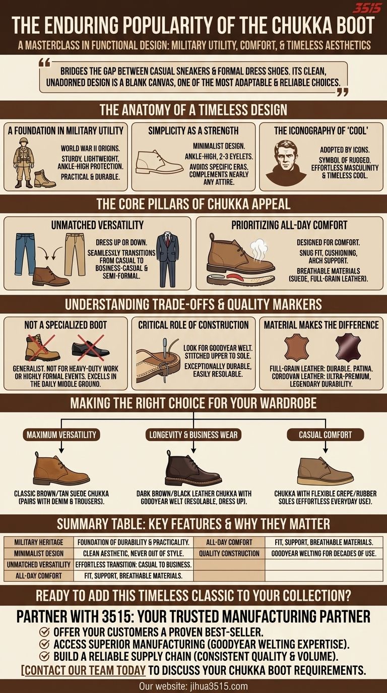 Perché gli stivali chukka sono rimasti popolari nel tempo? Il segreto dello stile intramontabile e della versatilità Guida Visiva
