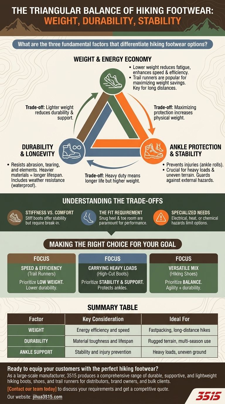 Quels sont les trois facteurs fondamentaux qui différencient les options de chaussures de randonnée ? Trouvez votre ajustement parfait sur les sentiers. Guide Visuel