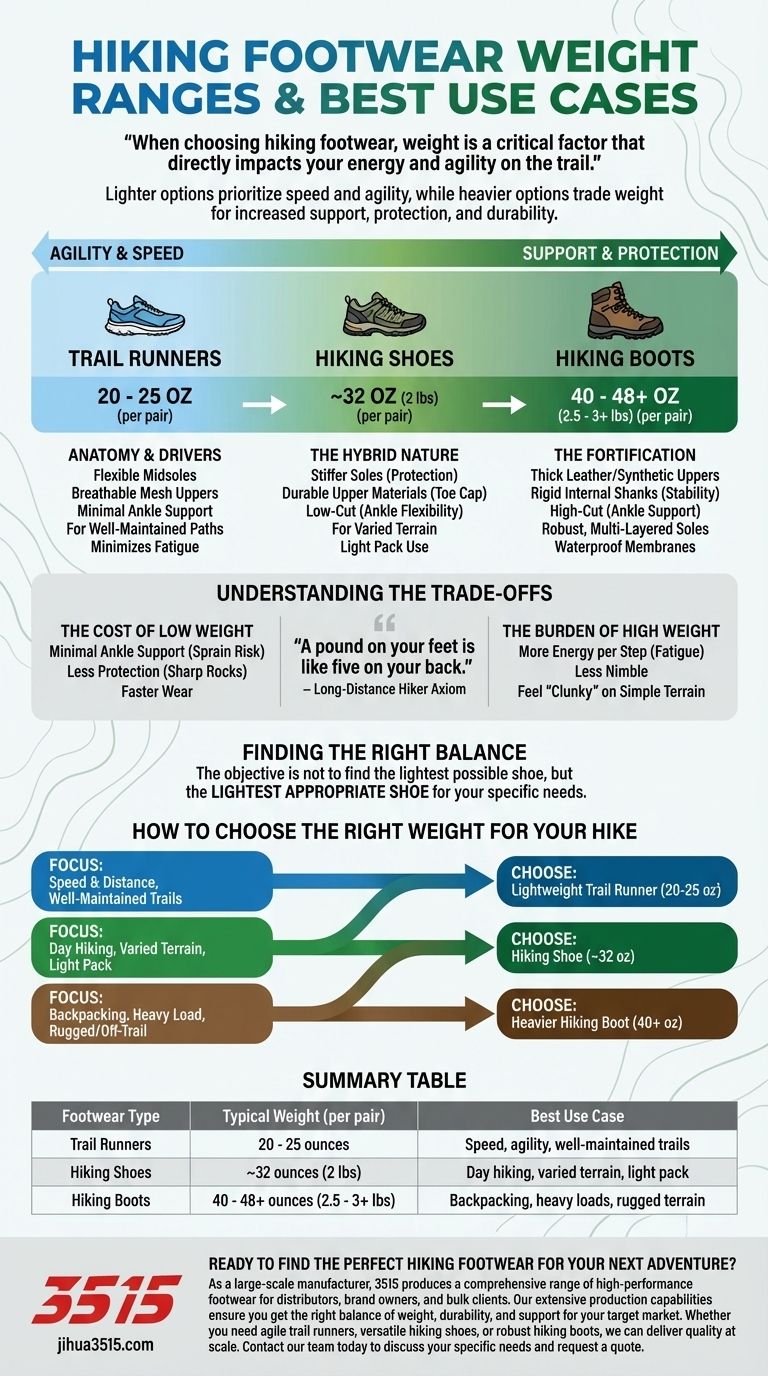 Quelle est la fourchette de poids typique pour les chaussures de trail, les chaussures de randonnée et les bottes de randonnée ? Trouvez votre ajustement parfait Guide Visuel