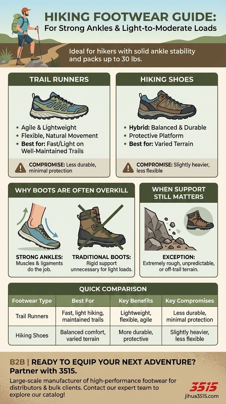 Quel type de chaussures de randonnée est recommandé pour les randonneurs ayant des chevilles solides et des charges légères à modérées ? Choisissez la bonne chaussure de sentier Guide Visuel