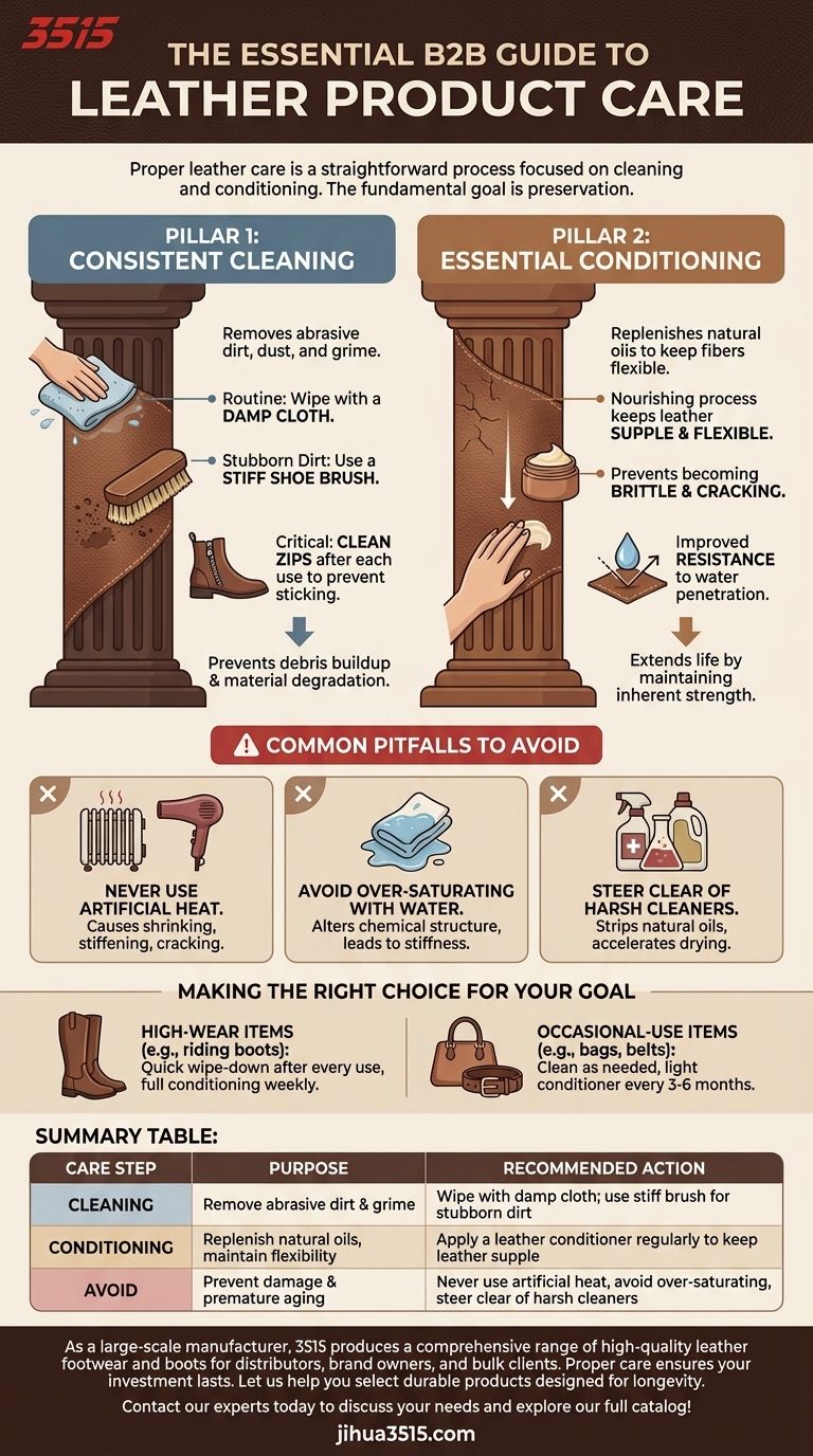 가이드에서 언급된 가죽 제품에 권장되는 관리는 무엇인가요? 가죽 제품의 수명을 연장하세요. 시각적 가이드