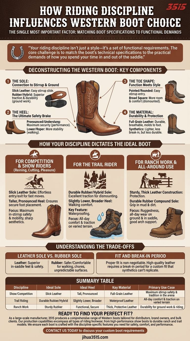 ライディングの分野はウエスタンライディングブーツの選択にどのように影響しますか？あなたのライディングスタイルに合ったブーツを選びましょう。 ビジュアルガイド