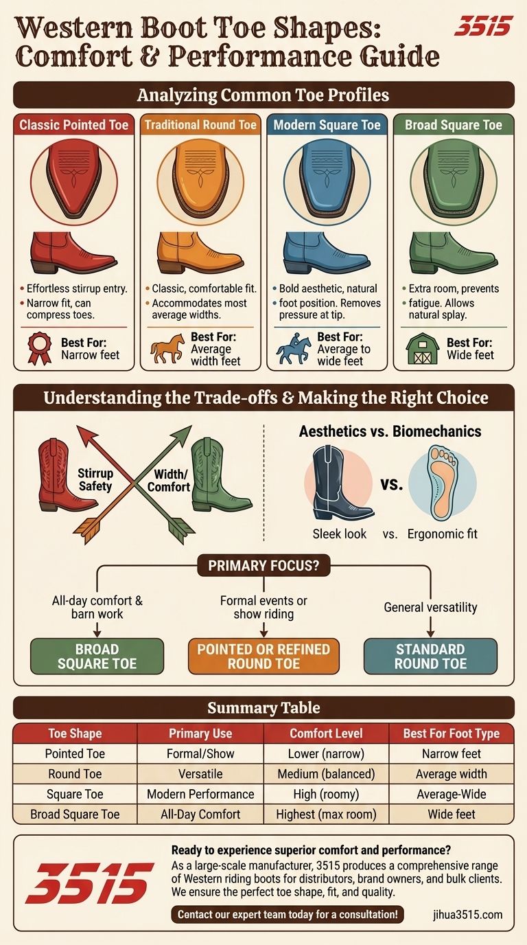 Que formatos de bico estão disponíveis para botas de montaria ocidentais e como afetam o conforto? Encontre o seu ajuste perfeito Guia Visual